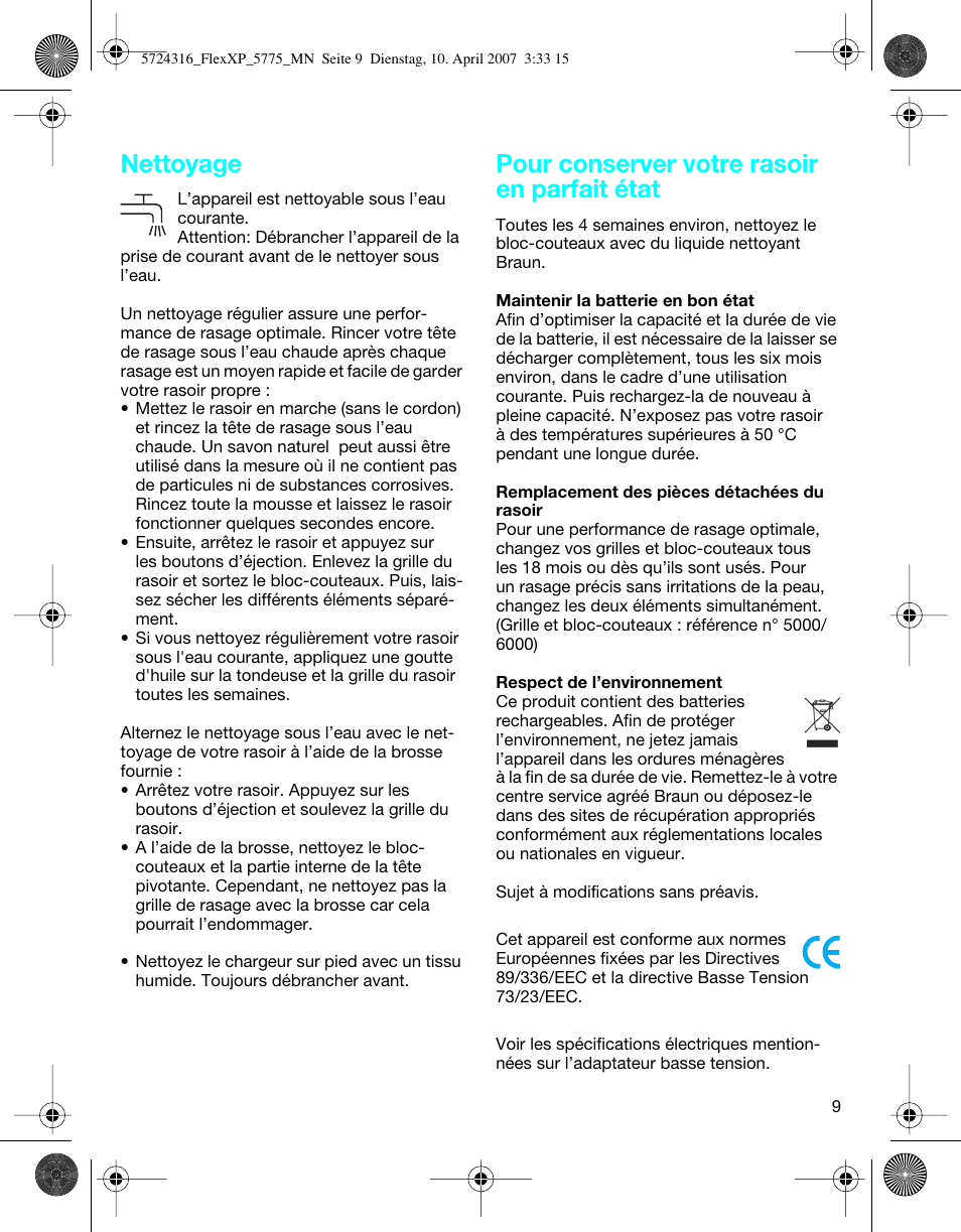 Nettoyage, Pour conserver votre rasoir en parfait état | Braun 5770 swing, Flex XP II User Manual | Page 9 / 35