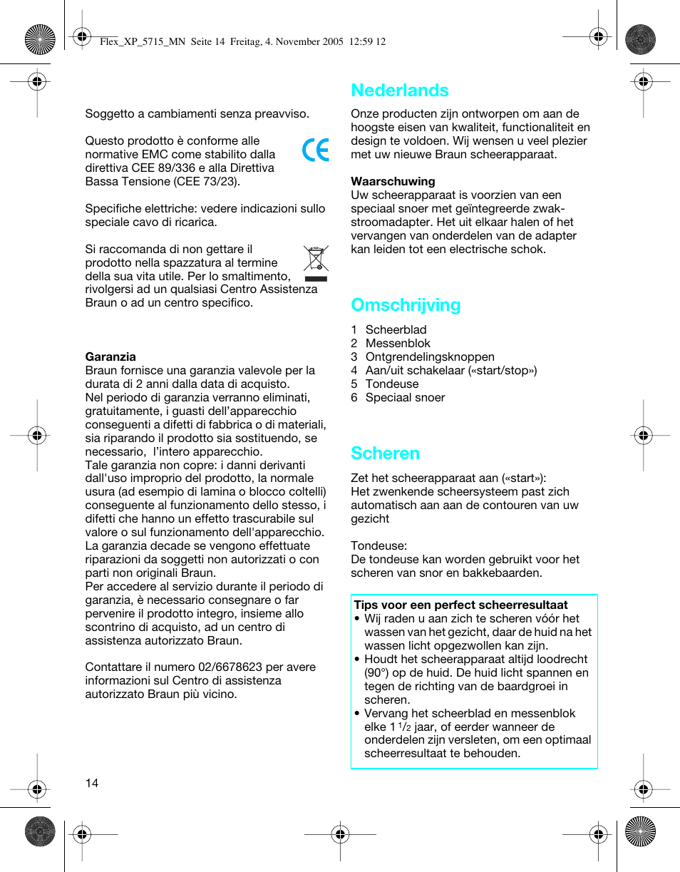 Omschrijving, Scheren, Nederlands | Braun 5715 Flex XP II User Manual | Page 14 / 28