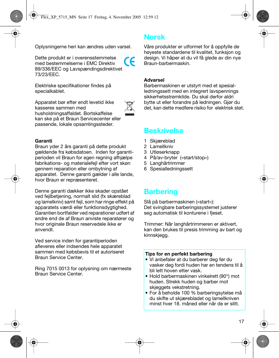 Beskrivelse, Barbering, Norsk | Braun 5715 Flex XP II User Manual | Page 17 / 28