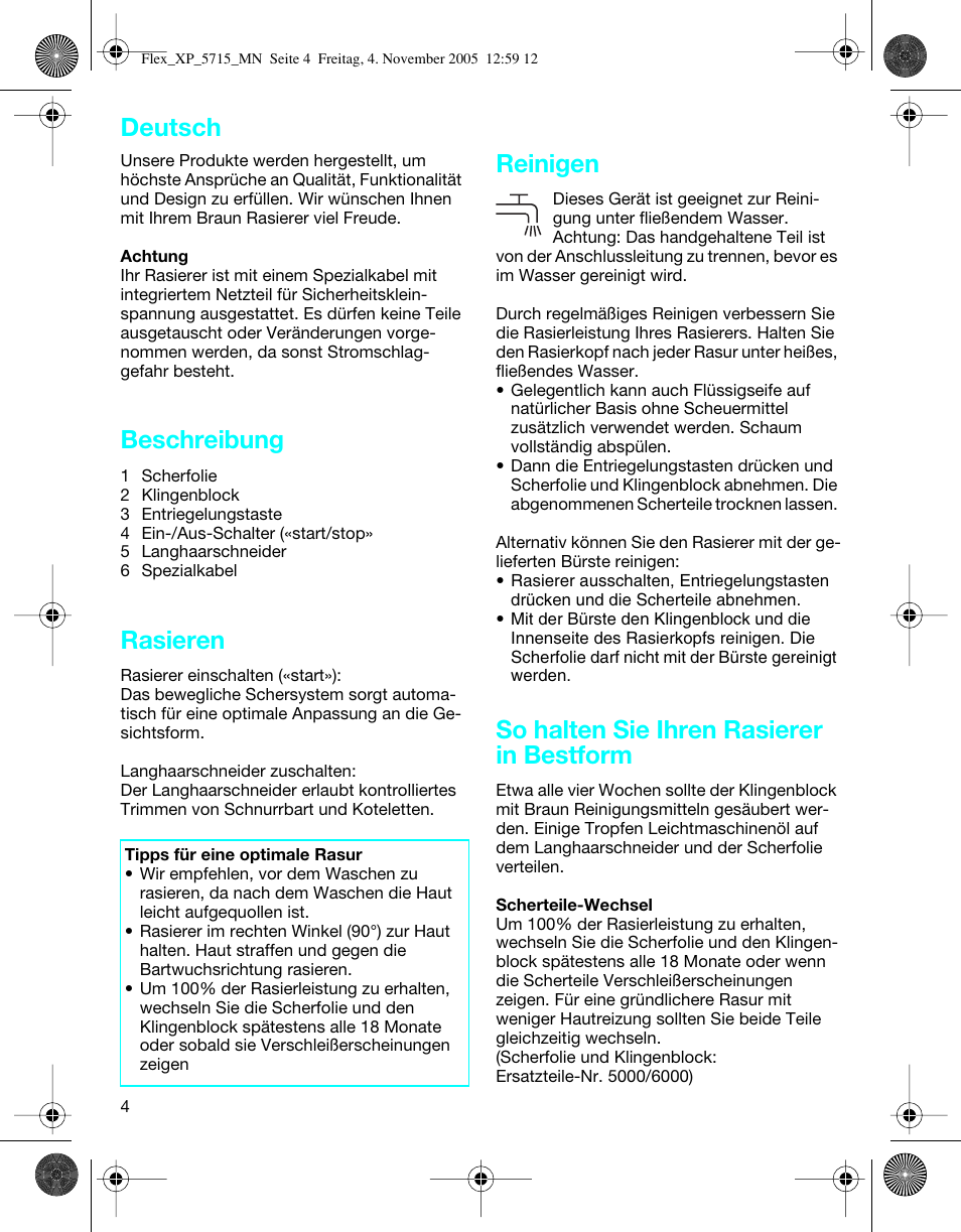 Beschreibung, Rasieren, Reinigen | So halten sie ihren rasierer in bestform, Deutsch | Braun 5715 Flex XP II User Manual | Page 4 / 28