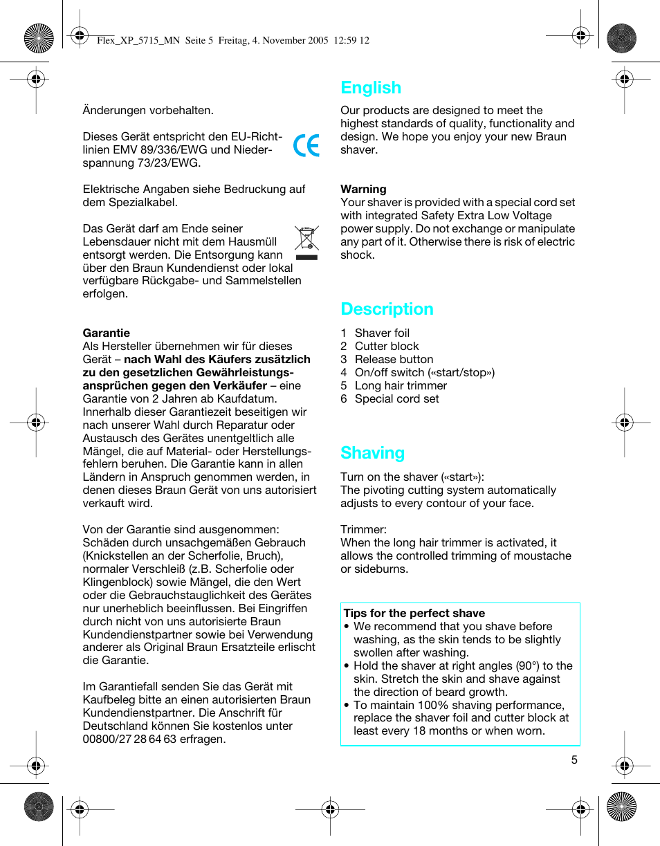 Description, Shaving, English | Braun 5715 Flex XP II User Manual | Page 5 / 28