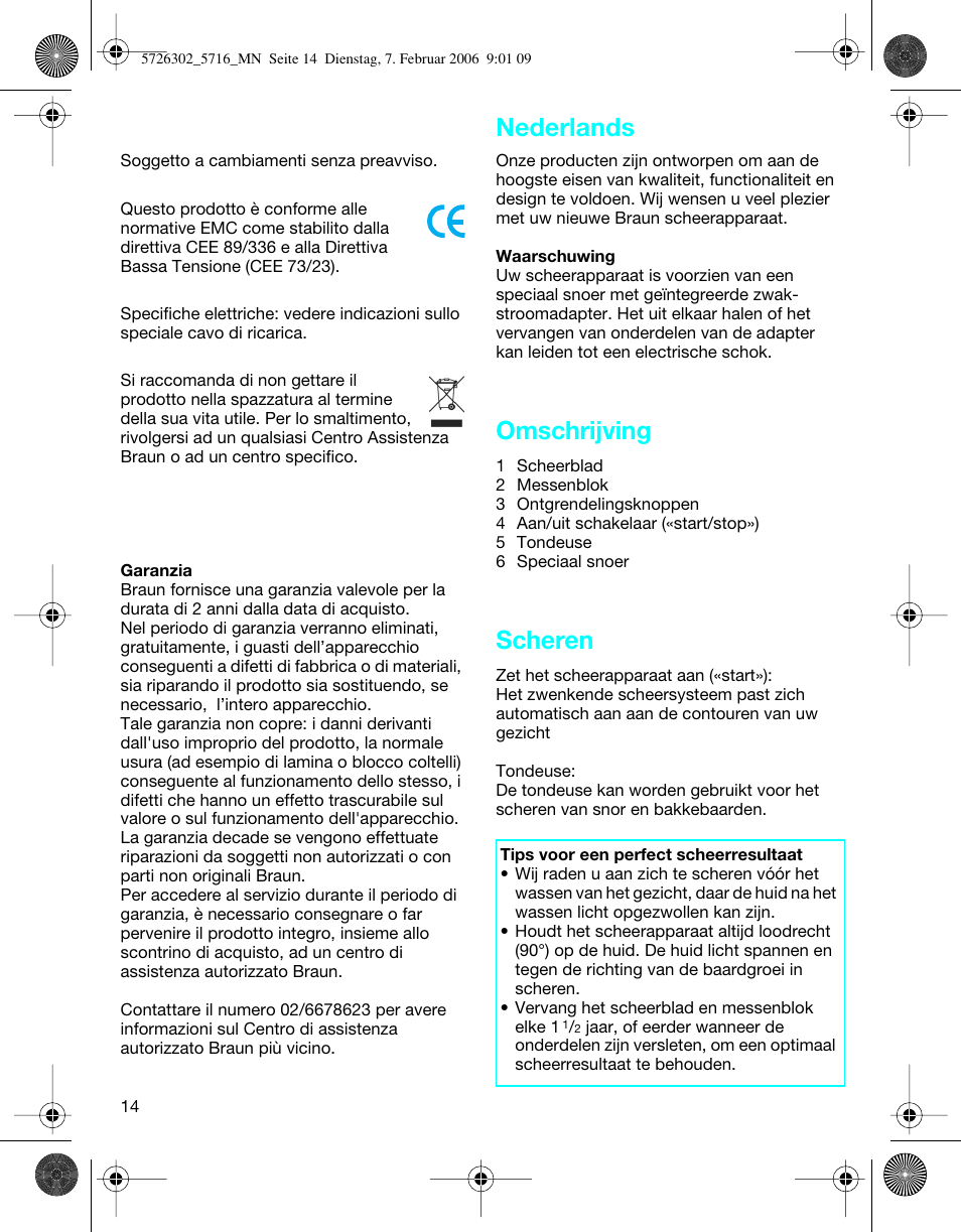 Omschrijving, Scheren, Nederlands | Braun 5716 Flex XP II User Manual | Page 14 / 28