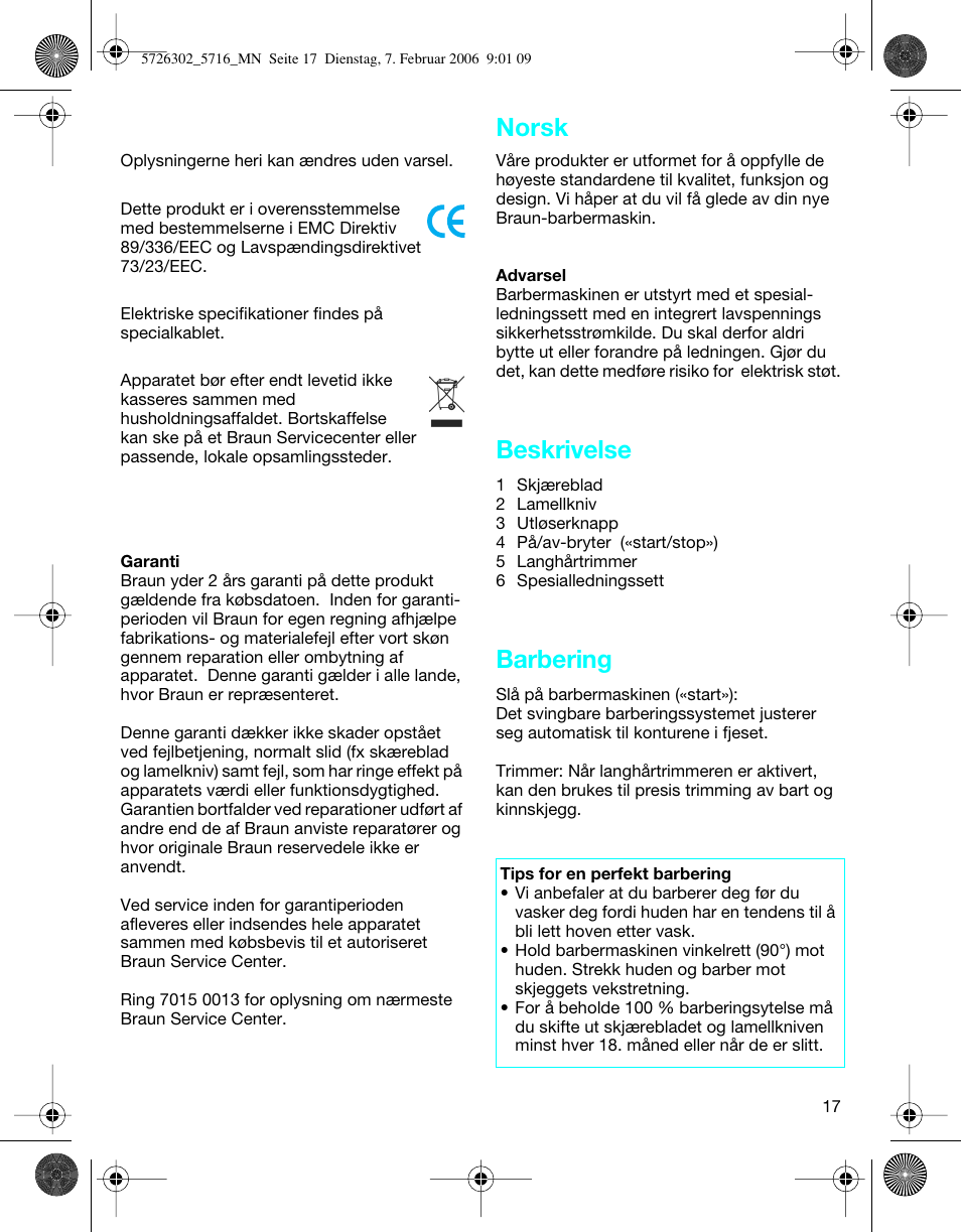 Beskrivelse, Barbering, Norsk | Braun 5716 Flex XP II User Manual | Page 17 / 28