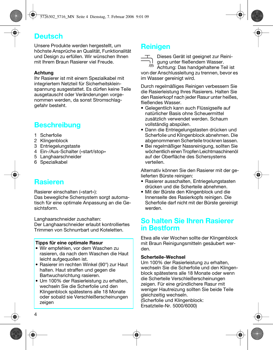 Beschreibung, Rasieren, Reinigen | So halten sie ihren rasierer in bestform, Deutsch | Braun 5716 Flex XP II User Manual | Page 4 / 28