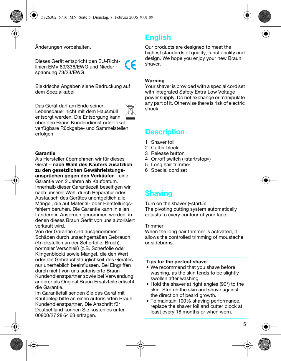 Description, Shaving, English | Braun 5716 Flex XP II User Manual | Page 5 / 28