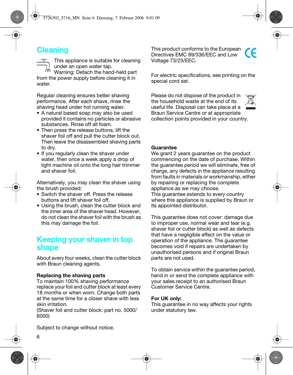 Cleaning, Keeping your shaver in top shape | Braun 5716 Flex XP II User Manual | Page 6 / 28