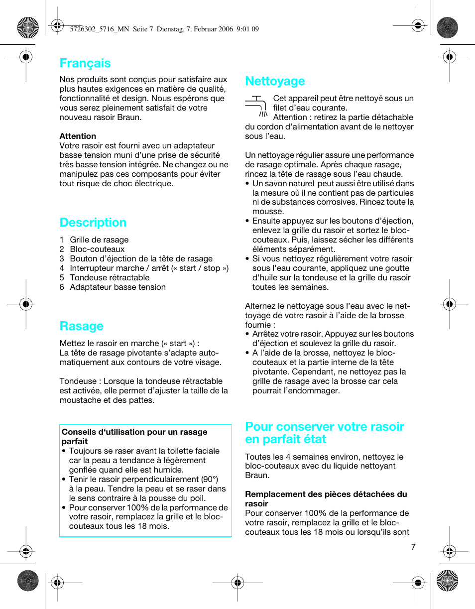 Description, Rasage, Nettoyage | Pour conserver votre rasoir en parfait état, Français | Braun 5716 Flex XP II User Manual | Page 7 / 28