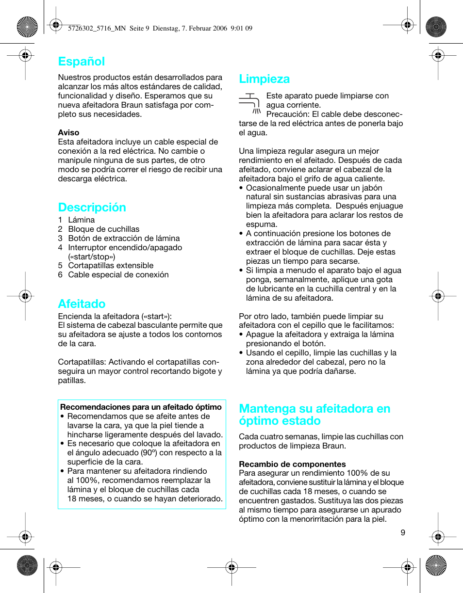 Descripción, Afeitado, Limpieza | Mantenga su afeitadora en óptimo estado, Español | Braun 5716 Flex XP II User Manual | Page 9 / 28