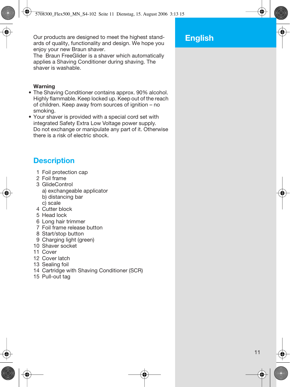 English, Description | Braun 6610 FreeGlider User Manual | Page 11 / 99
