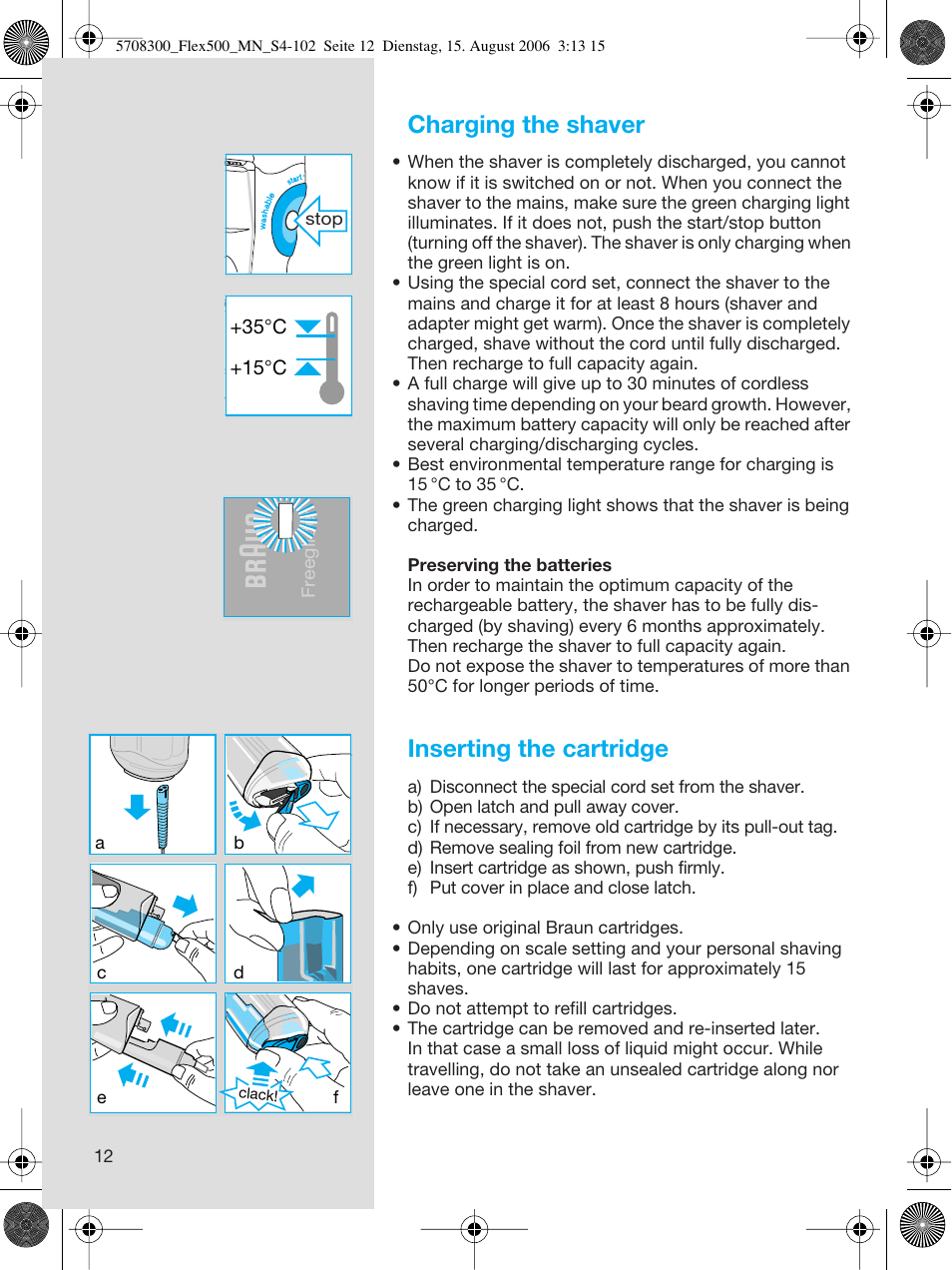 Charging the shaver, Inserting the cartridge | Braun 6610 FreeGlider User Manual | Page 12 / 99