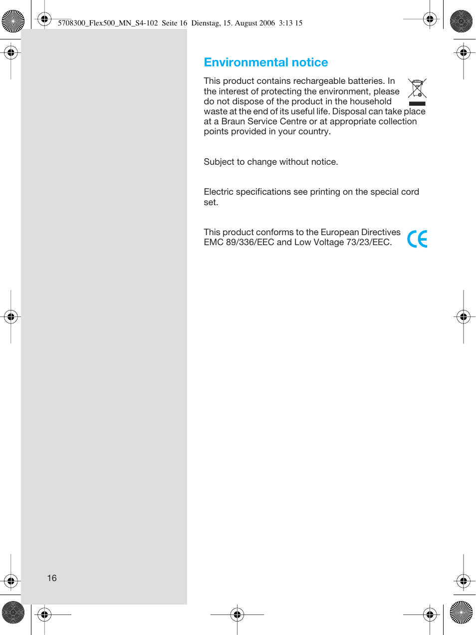 Environmental notice | Braun 6610 FreeGlider User Manual | Page 16 / 99