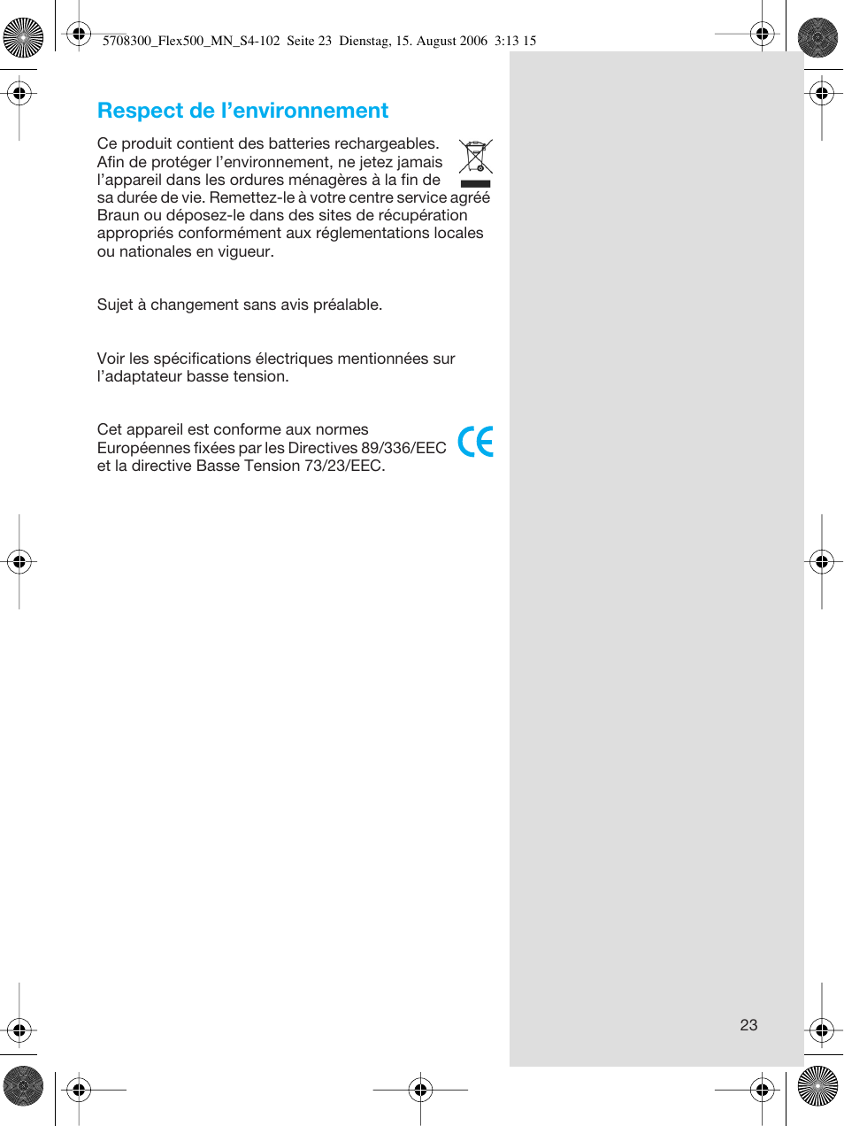 Respect de l’environnement | Braun 6610 FreeGlider User Manual | Page 23 / 99