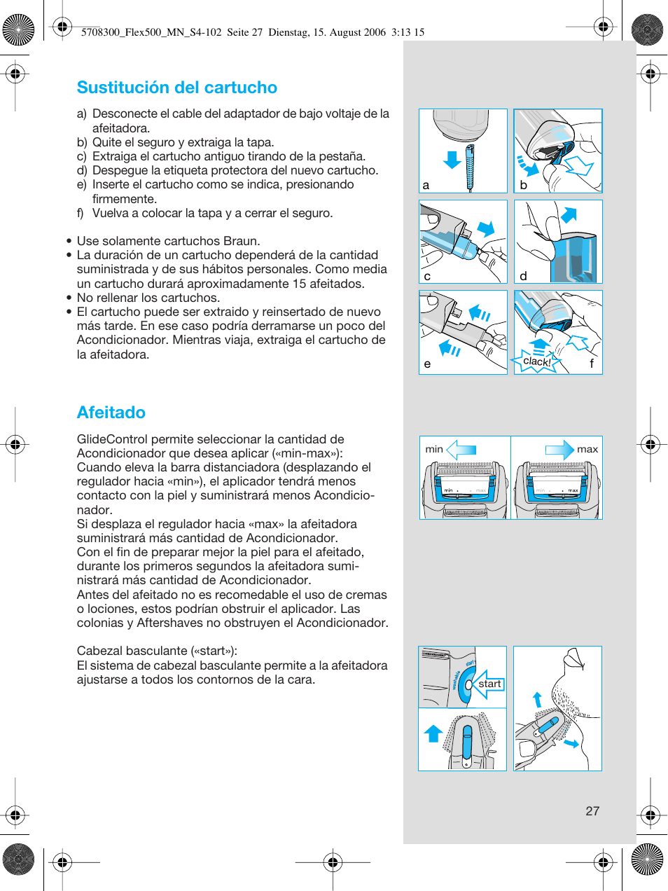 Sustitución del cartucho, Afeitado | Braun 6610 FreeGlider User Manual | Page 27 / 99