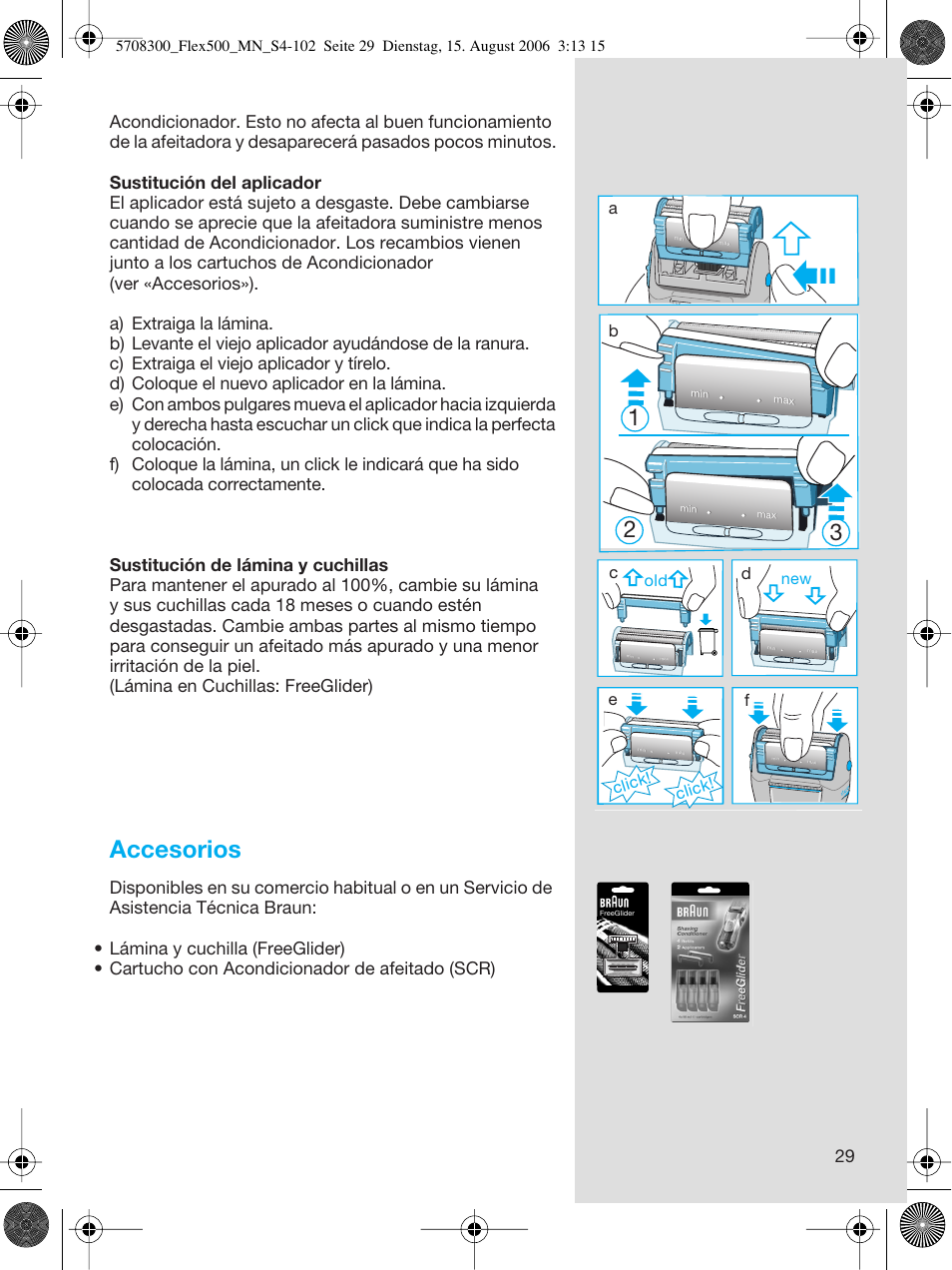 Accesorios, Click, Click! d | Braun 6610 FreeGlider User Manual | Page 29 / 99