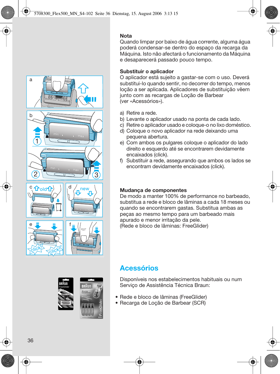 Acessórios, Click, Click! d | Braun 6610 FreeGlider User Manual | Page 36 / 99