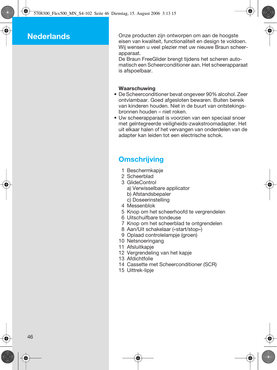 Nederlands, Omschrijving | Braun 6610 FreeGlider User Manual | Page 46 / 99
