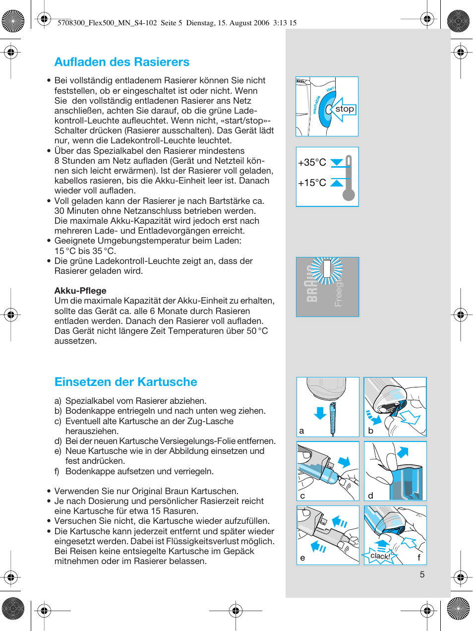 Aufladen des rasierers, Einsetzen der kartusche | Braun 6610 FreeGlider User Manual | Page 5 / 99