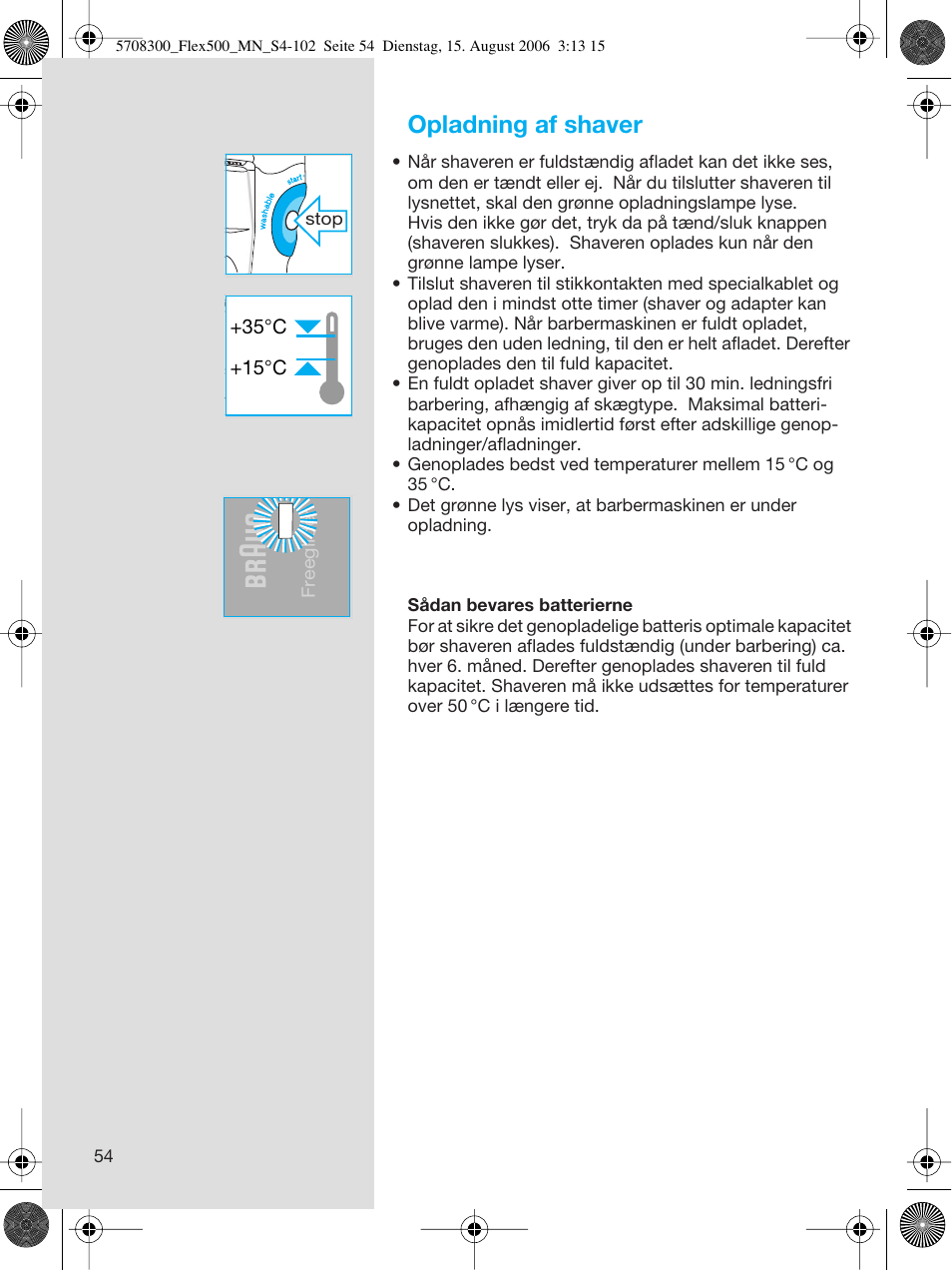 Opladning af shaver | Braun 6610 FreeGlider User Manual | Page 54 / 99