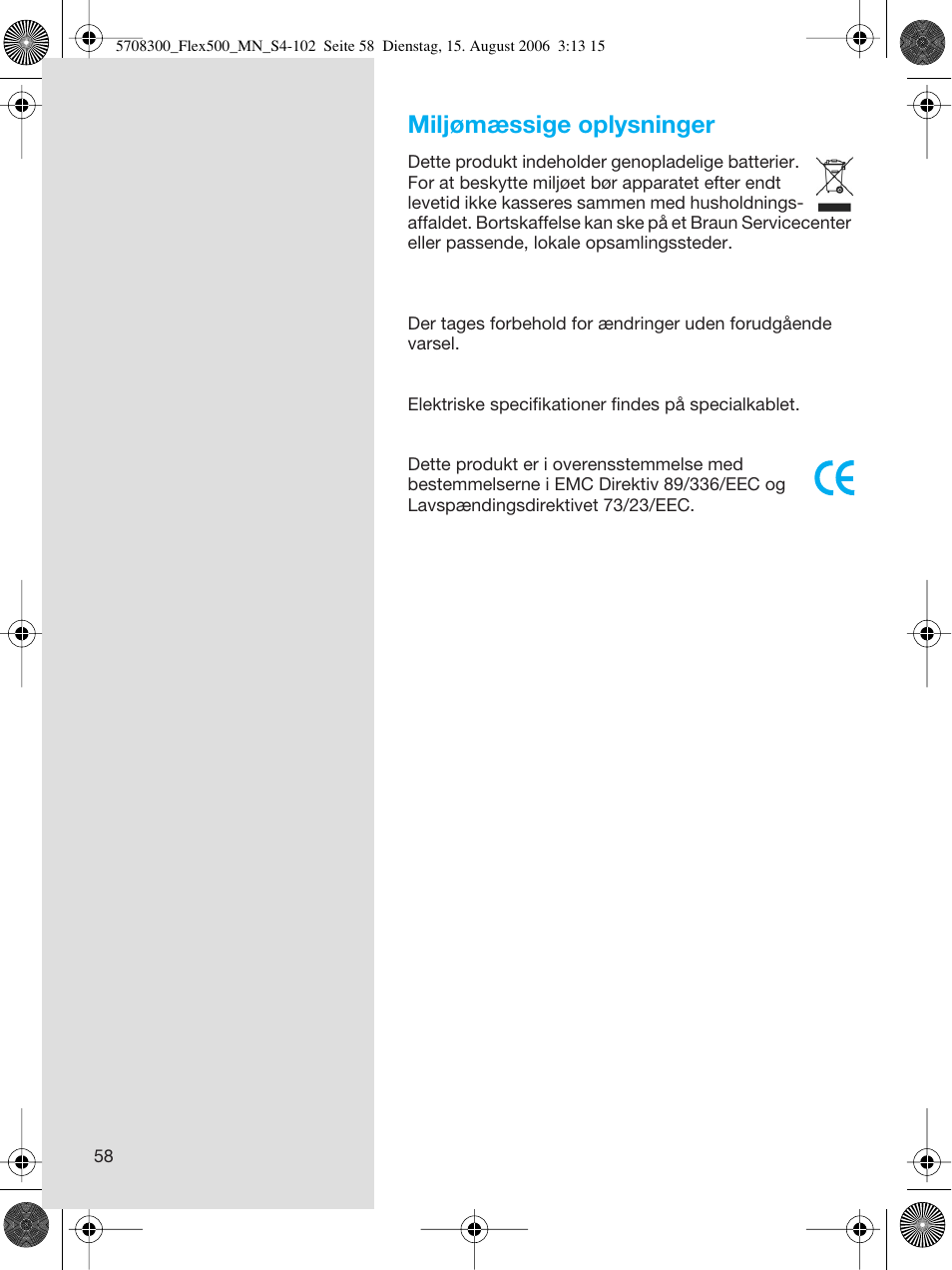 Miljømæssige oplysninger | Braun 6610 FreeGlider User Manual | Page 58 / 99
