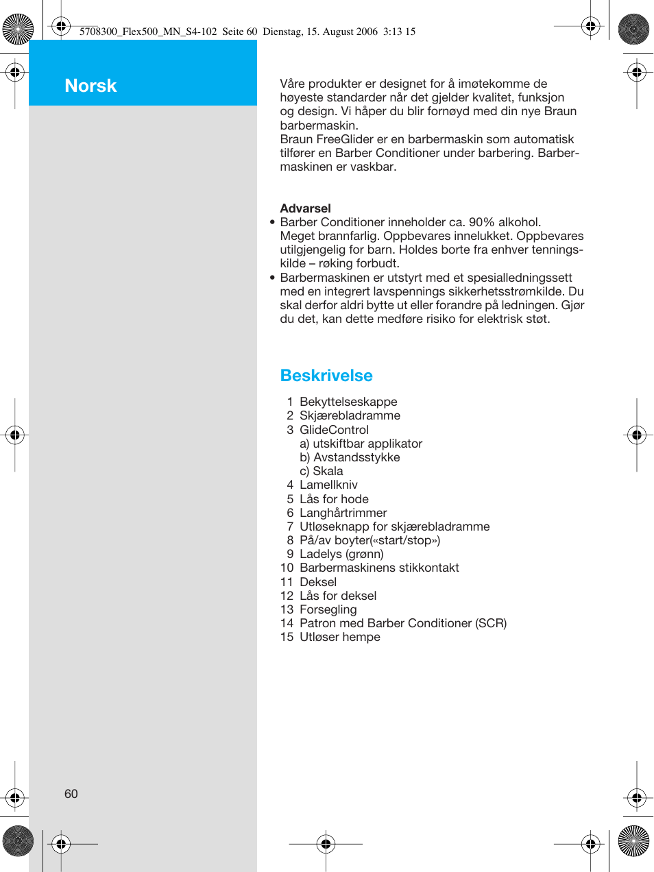 Norsk, Beskrivelse | Braun 6610 FreeGlider User Manual | Page 60 / 99