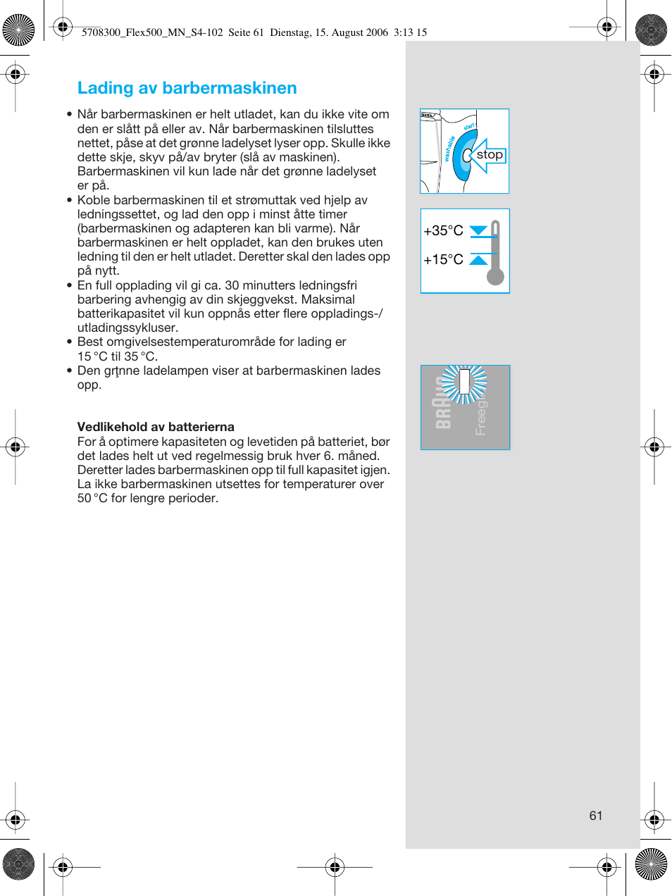 Lading av barbermaskinen | Braun 6610 FreeGlider User Manual | Page 61 / 99