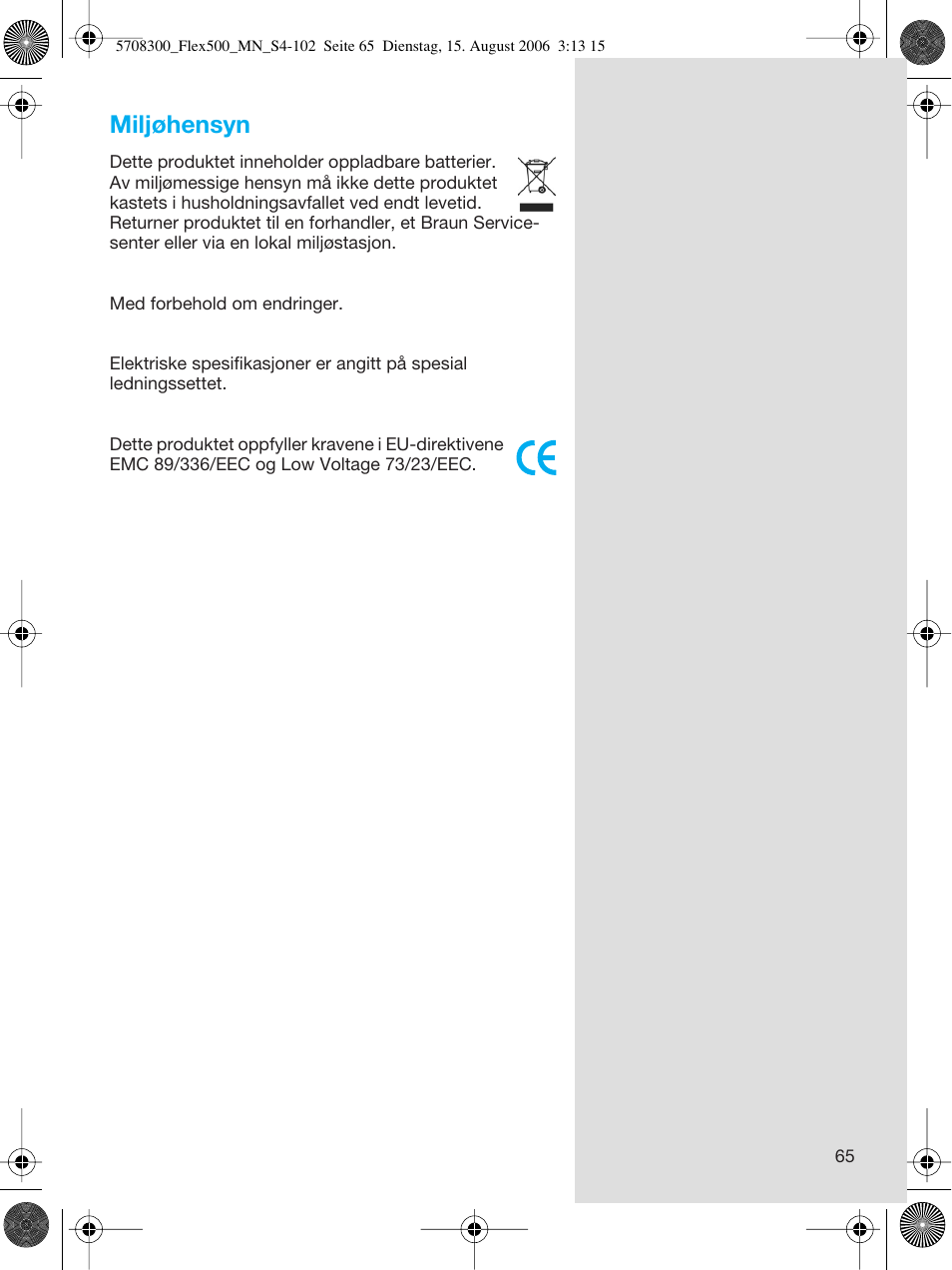 Miljøhensyn | Braun 6610 FreeGlider User Manual | Page 65 / 99