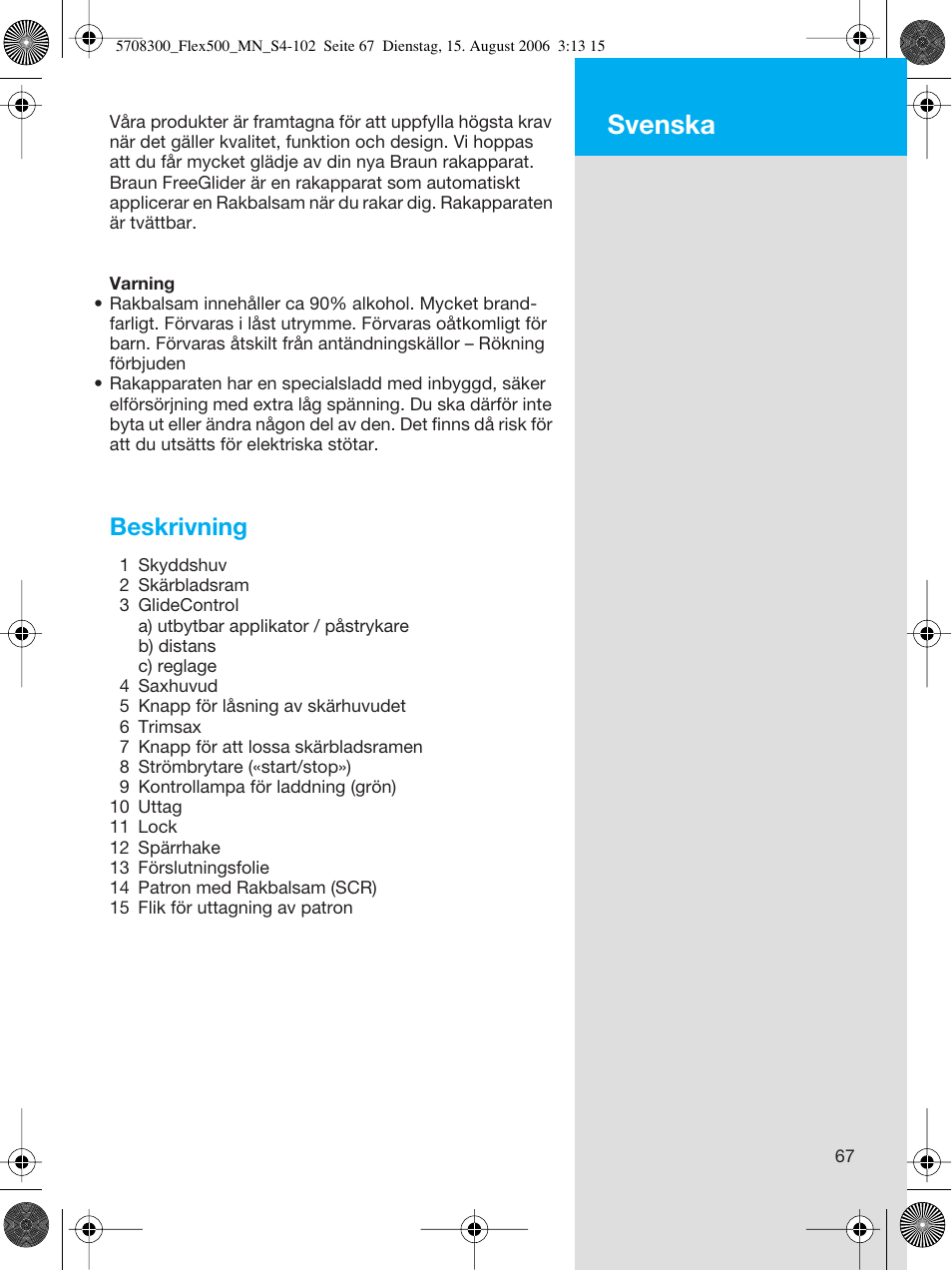 Svenska, Beskrivning | Braun 6610 FreeGlider User Manual | Page 67 / 99