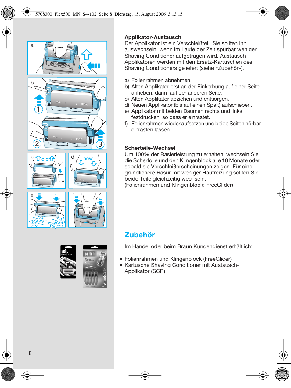 Zubehör, Click, Click! d | Braun 6610 FreeGlider User Manual | Page 8 / 99