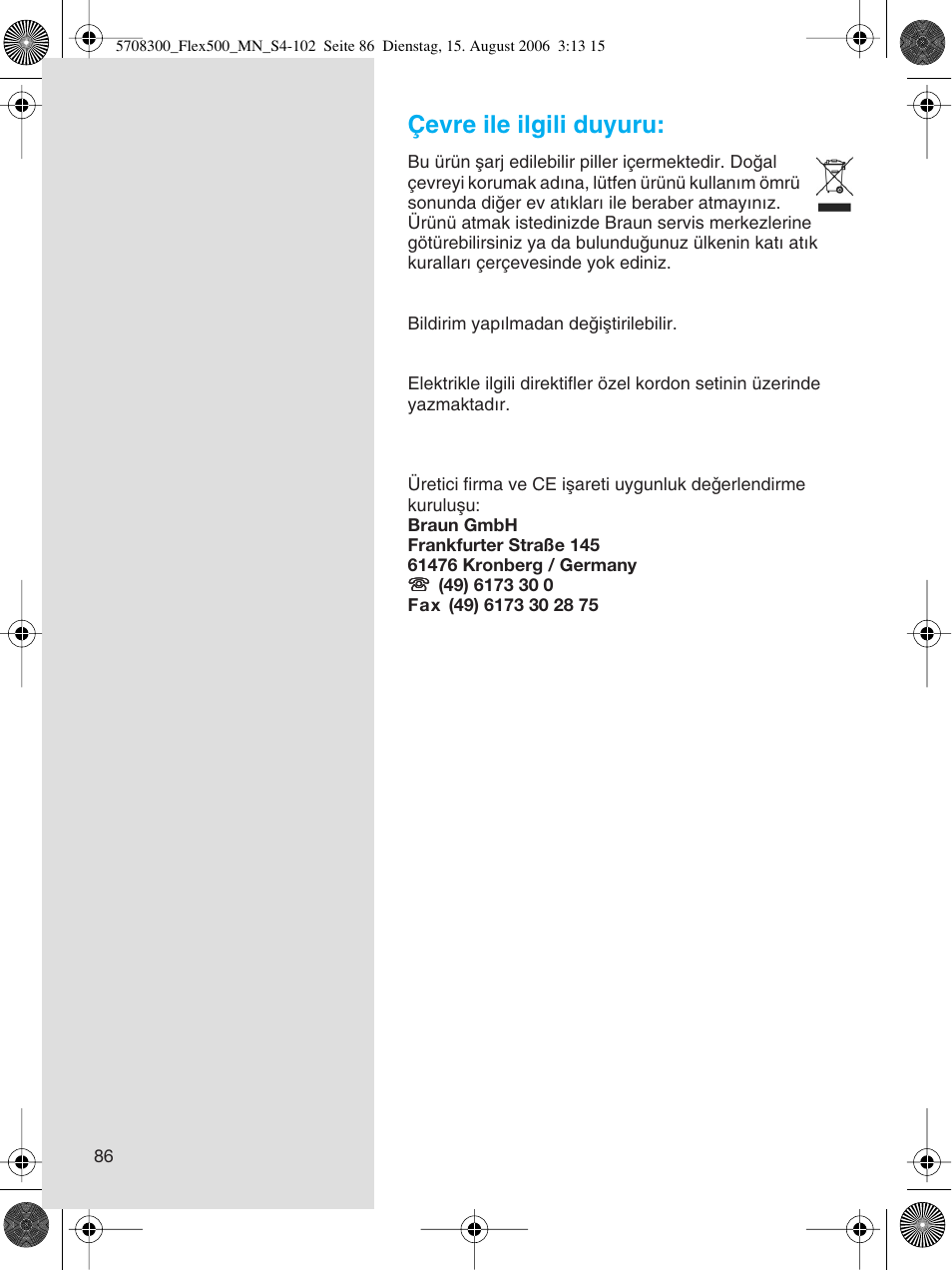 Çevre ile ilgili duyuru | Braun 6610 FreeGlider User Manual | Page 86 / 99