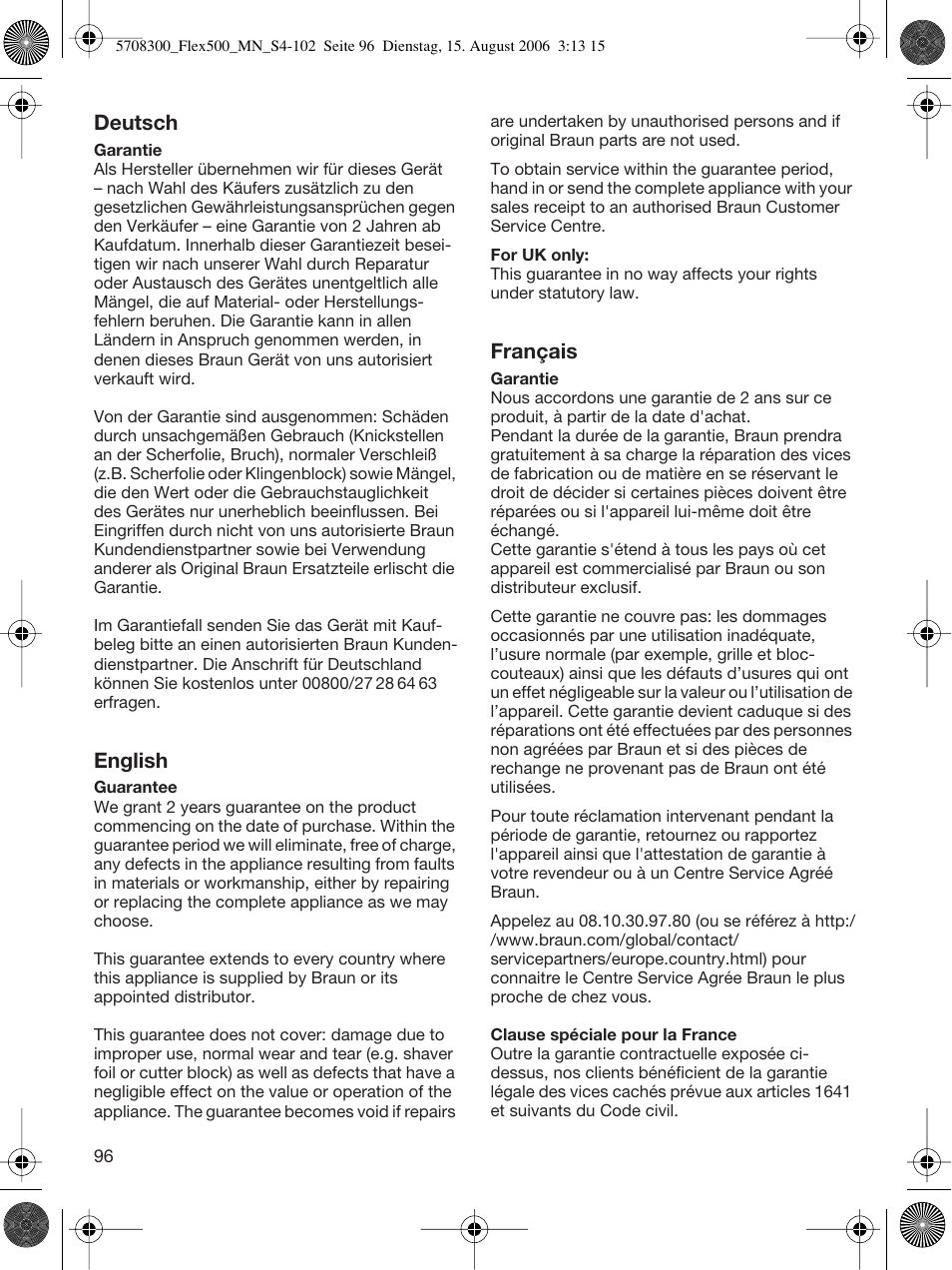 Deutsch, English, Français | Braun 6610 FreeGlider User Manual | Page 96 / 99