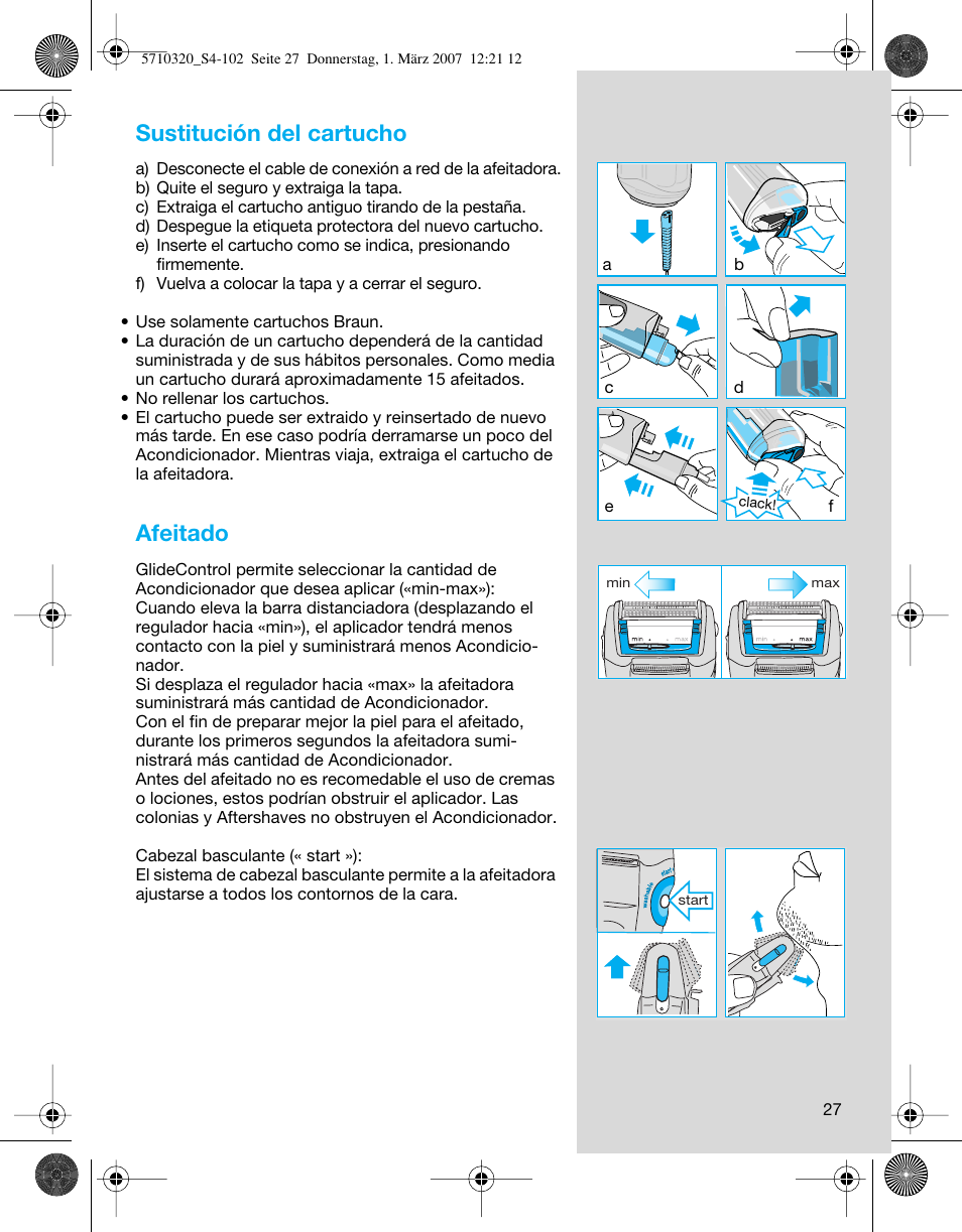 Sustitución del cartucho, Afeitado | Braun 6620 FreeGlider  EU User Manual | Page 27 / 99