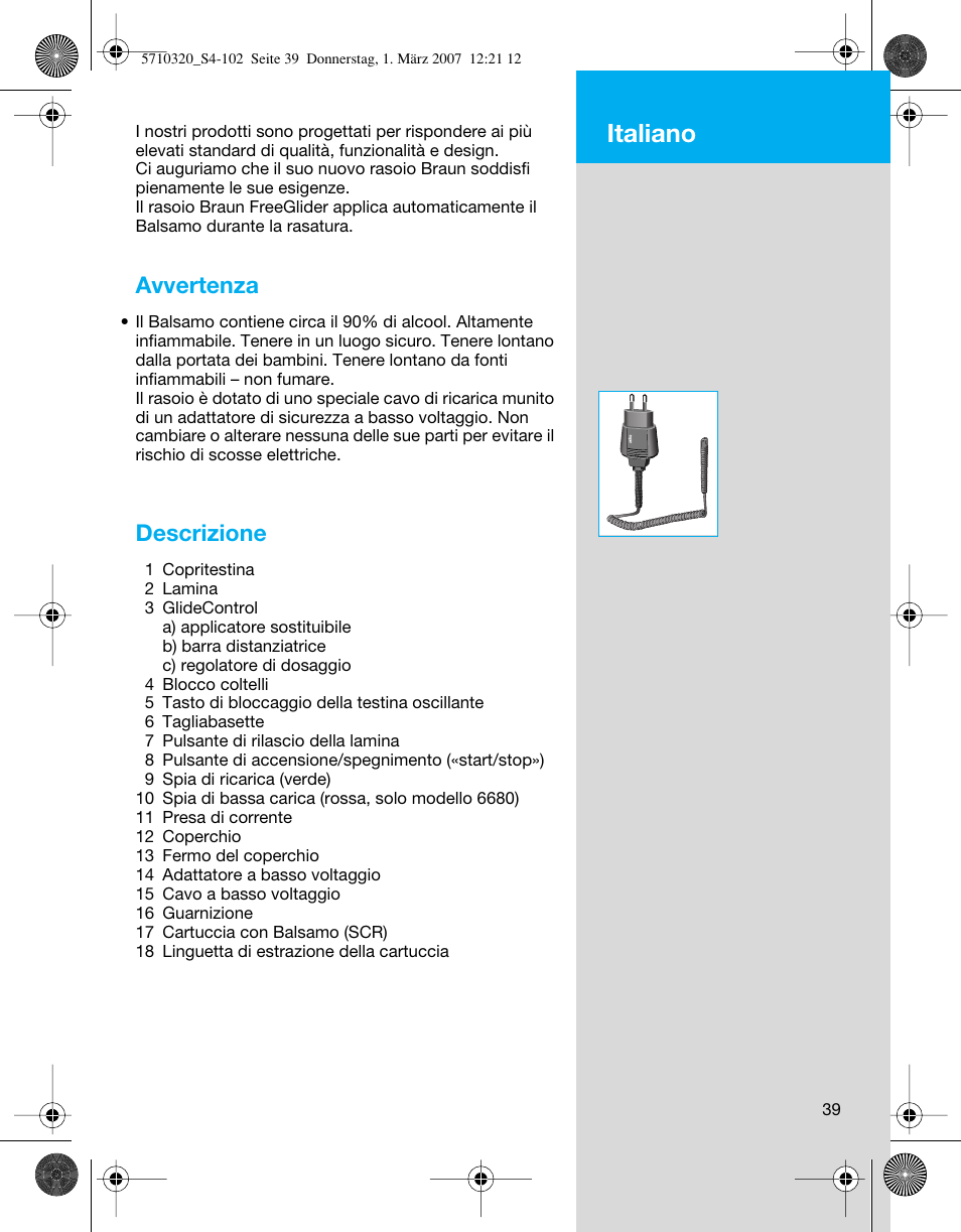 Italiano, Avvertenza, Descrizione | Braun 6620 FreeGlider  EU User Manual | Page 39 / 99