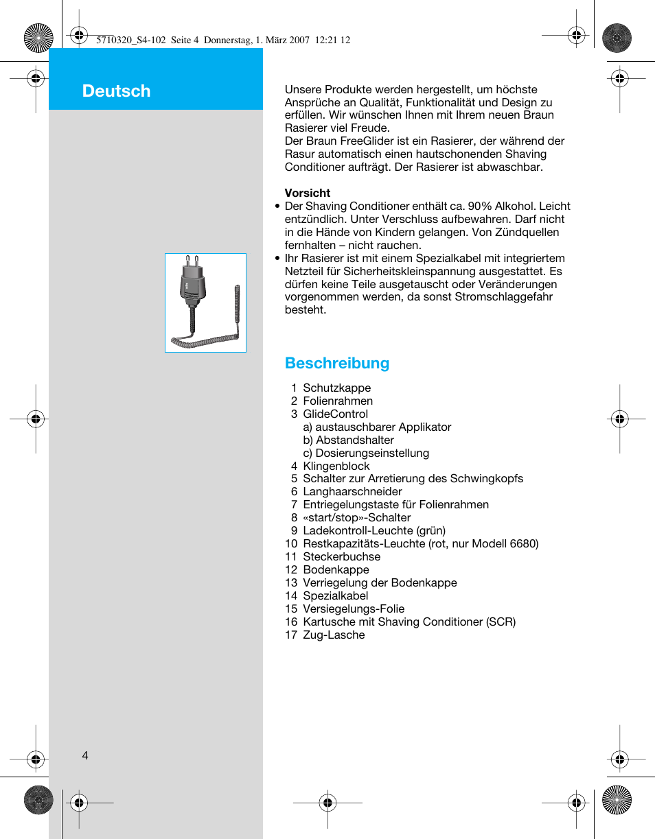 Deutsch, Beschreibung | Braun 6620 FreeGlider  EU User Manual | Page 4 / 99