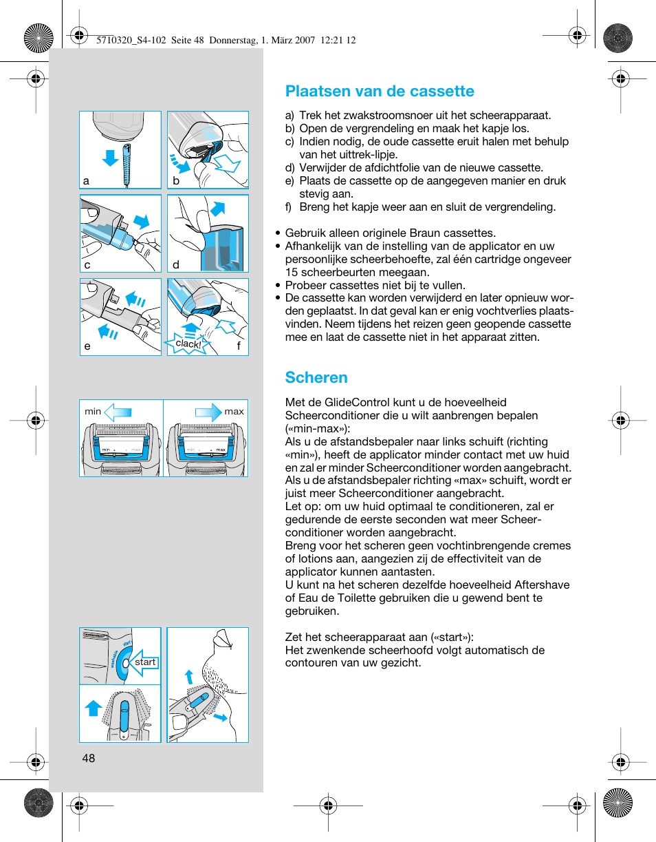 Plaatsen van de cassette, Scheren | Braun 6620 FreeGlider  EU User Manual | Page 48 / 99