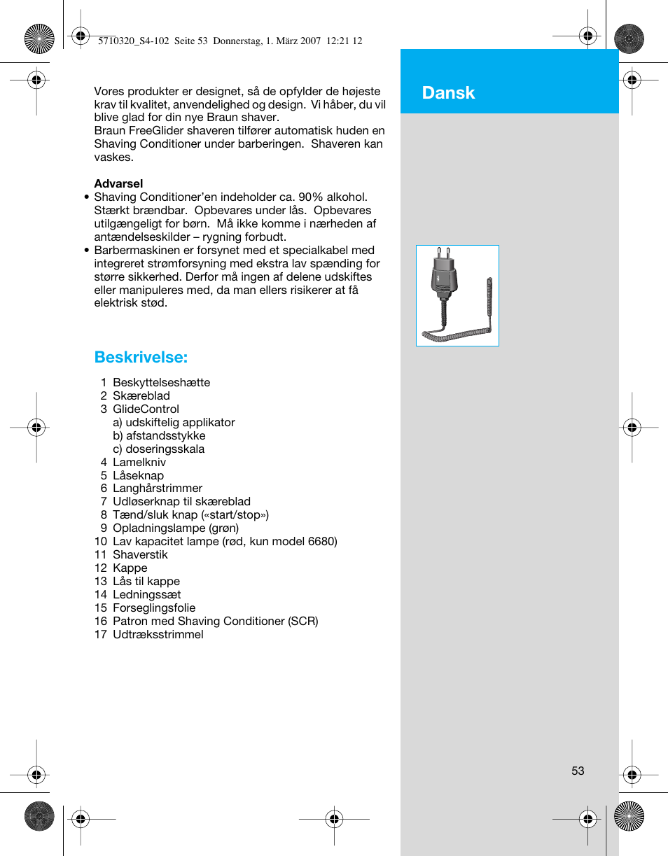 Dansk, Beskrivelse | Braun 6620 FreeGlider  EU User Manual | Page 53 / 99