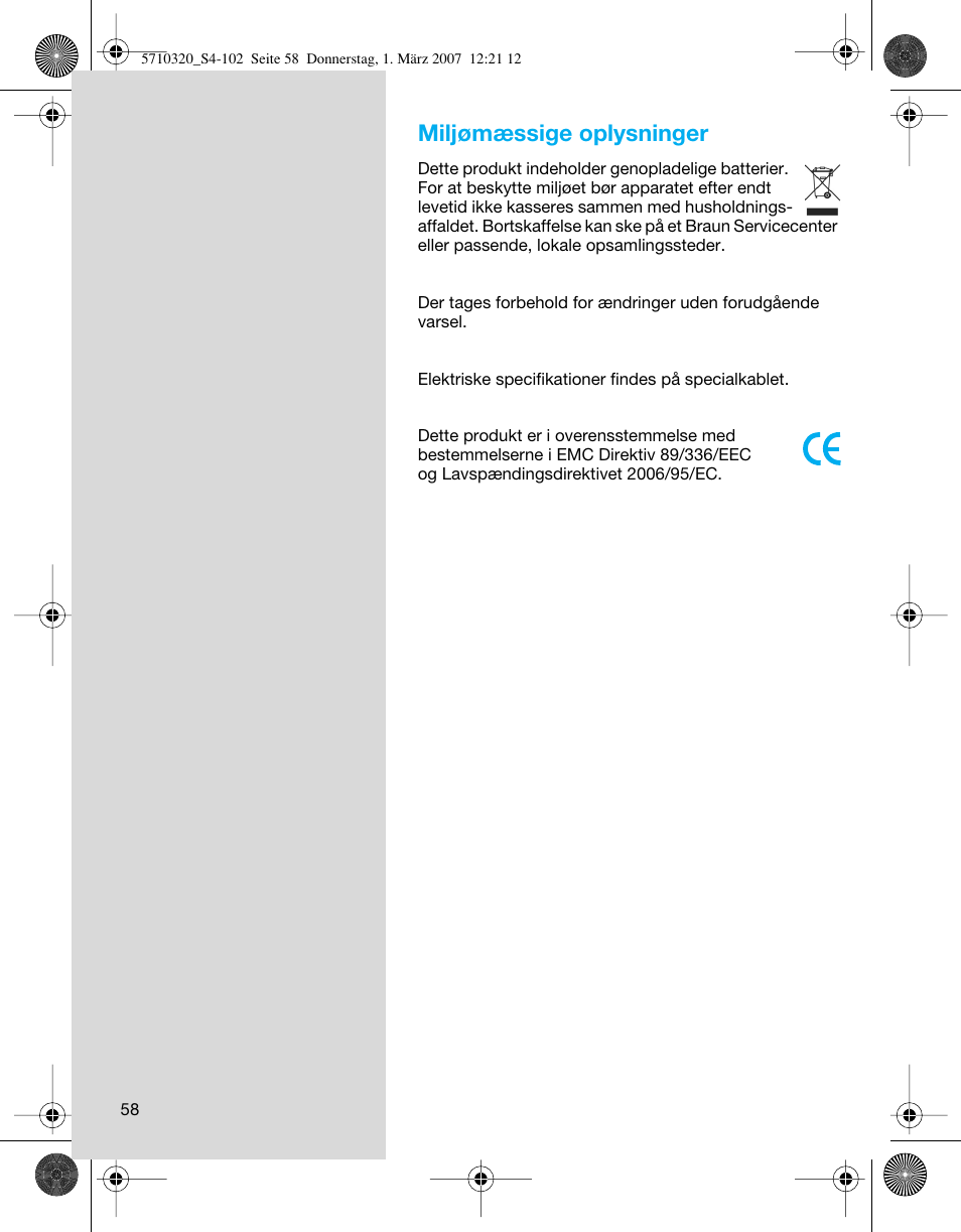 Miljømæssige oplysninger | Braun 6620 FreeGlider  EU User Manual | Page 58 / 99