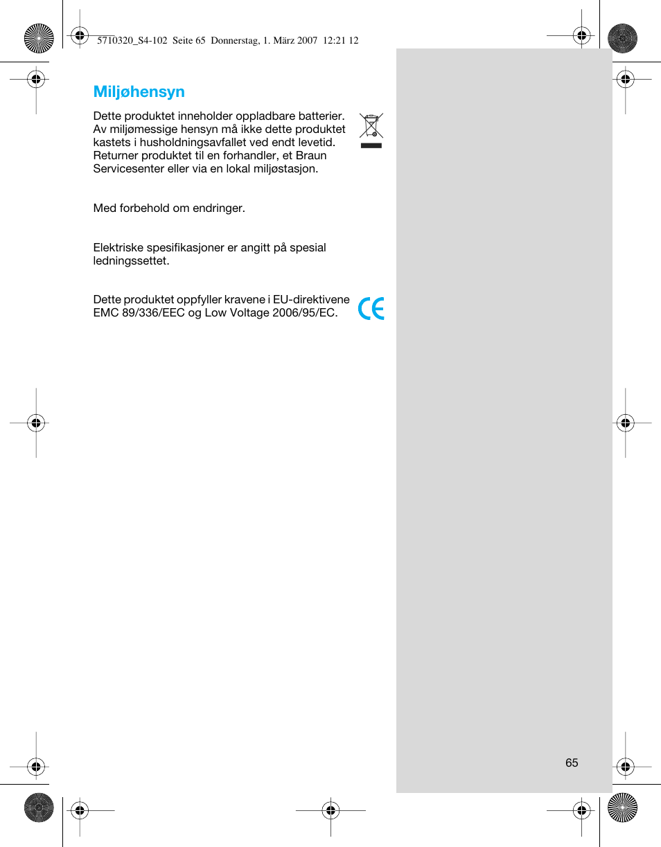 Miljøhensyn | Braun 6620 FreeGlider  EU User Manual | Page 65 / 99
