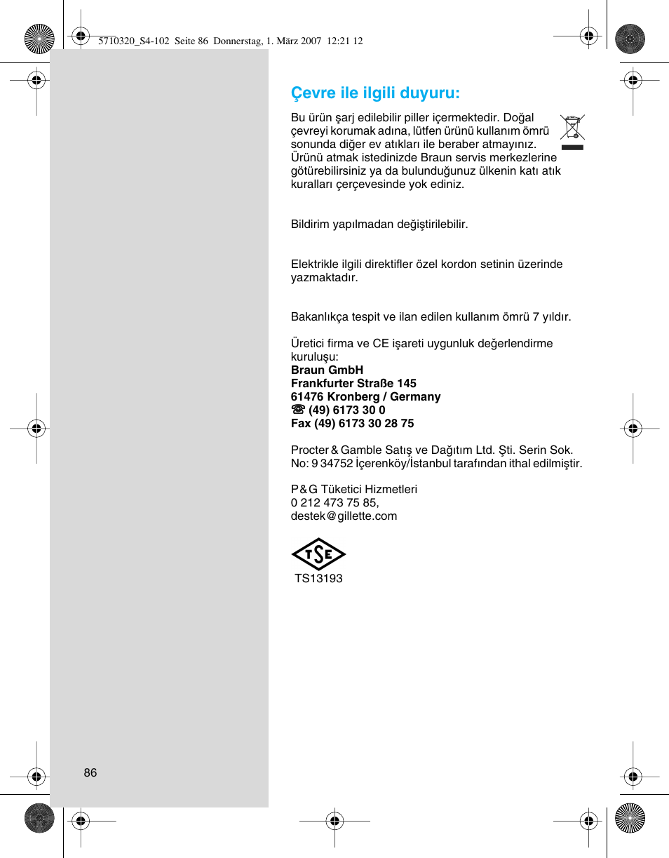 Çevre ile ilgili duyuru | Braun 6620 FreeGlider  EU User Manual | Page 86 / 99