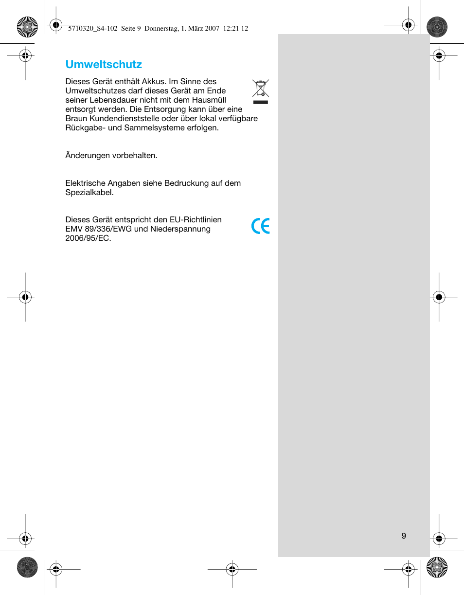 Umweltschutz | Braun 6620 FreeGlider  EU User Manual | Page 9 / 99