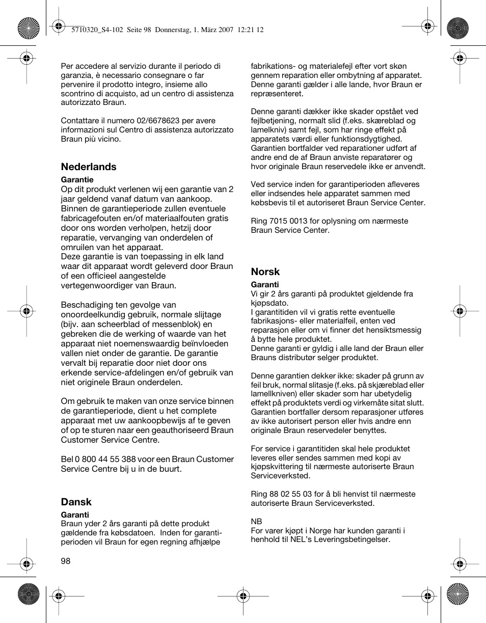 Braun 6620 FreeGlider  EU User Manual | Page 98 / 99