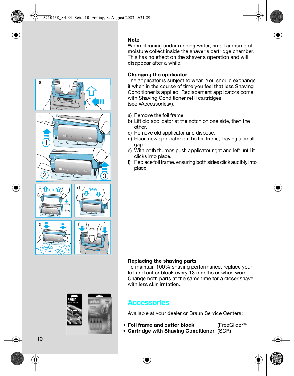 Accessories, Cartridge with shaving conditioner (scr) | Braun 6690 FreeGlider User Manual | Page 10 / 34