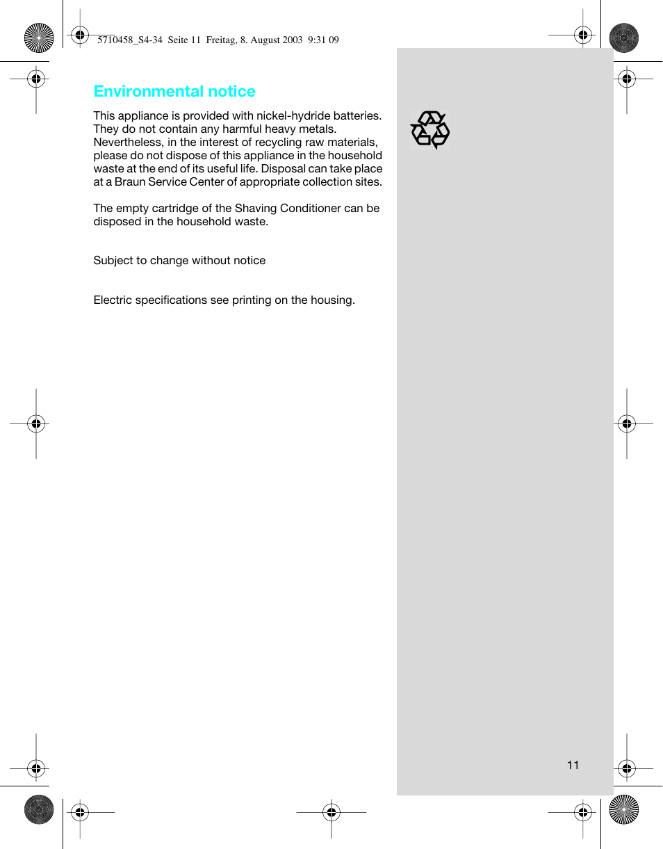 Environmental notice | Braun 6690 FreeGlider User Manual | Page 11 / 34