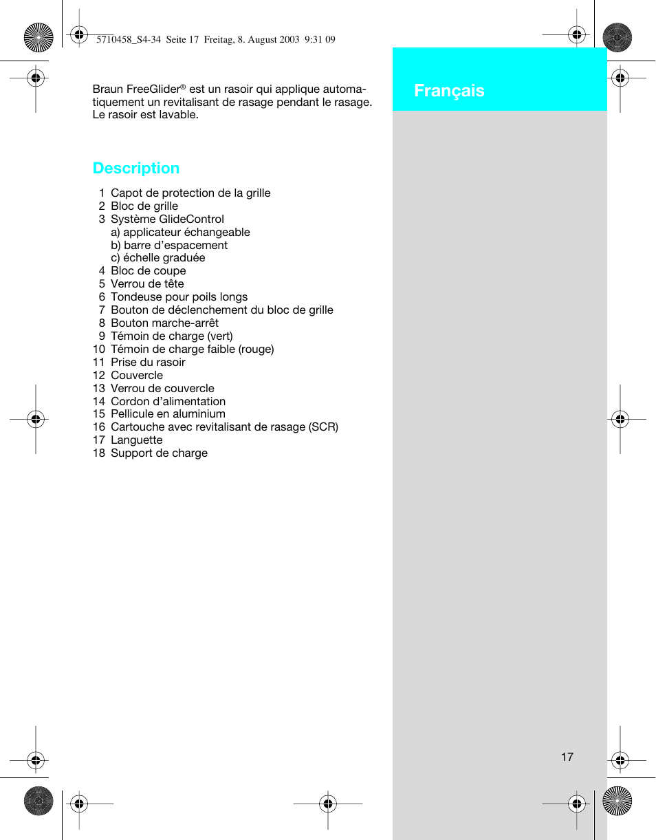 Français, Description | Braun 6690 FreeGlider User Manual | Page 17 / 34