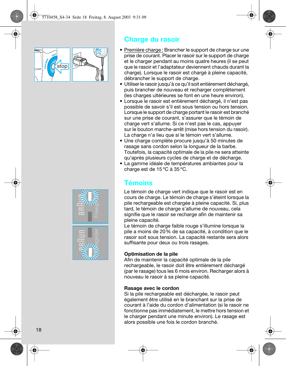 Charge du rasoir, Témoins | Braun 6690 FreeGlider User Manual | Page 18 / 34