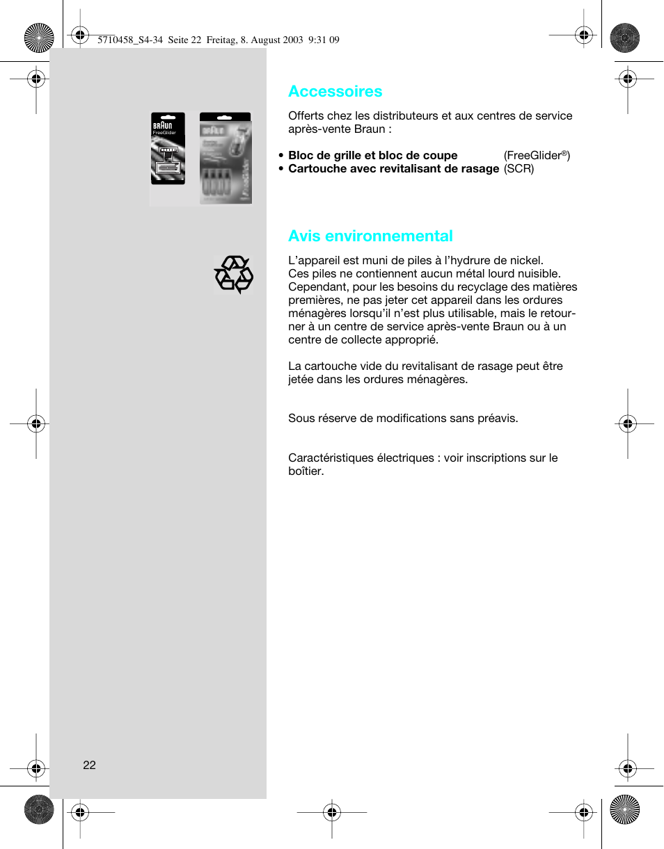 Accessoires, Avis environnemental | Braun 6690 FreeGlider User Manual | Page 22 / 34