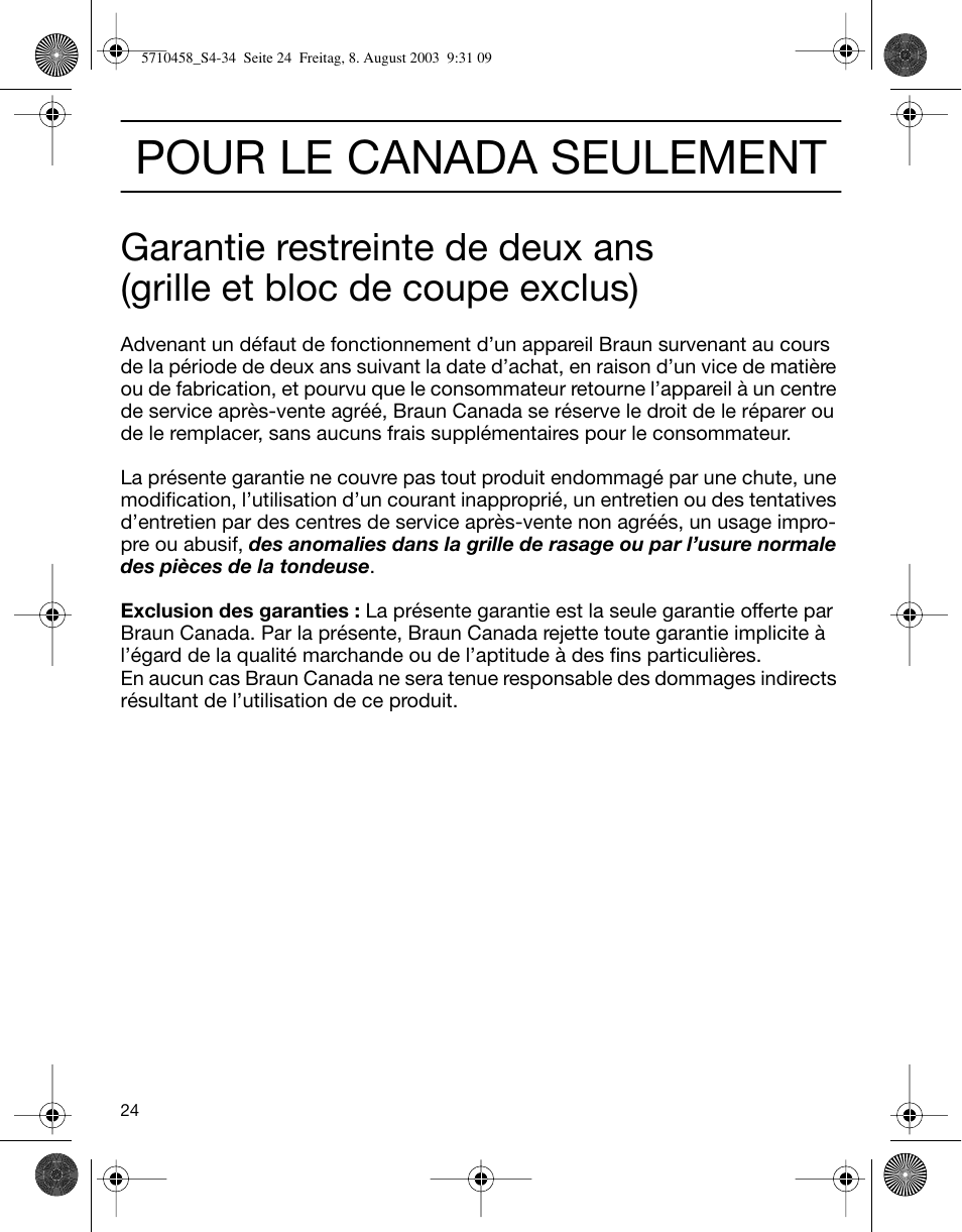 Pour le canada seulement | Braun 6690 FreeGlider User Manual | Page 24 / 34