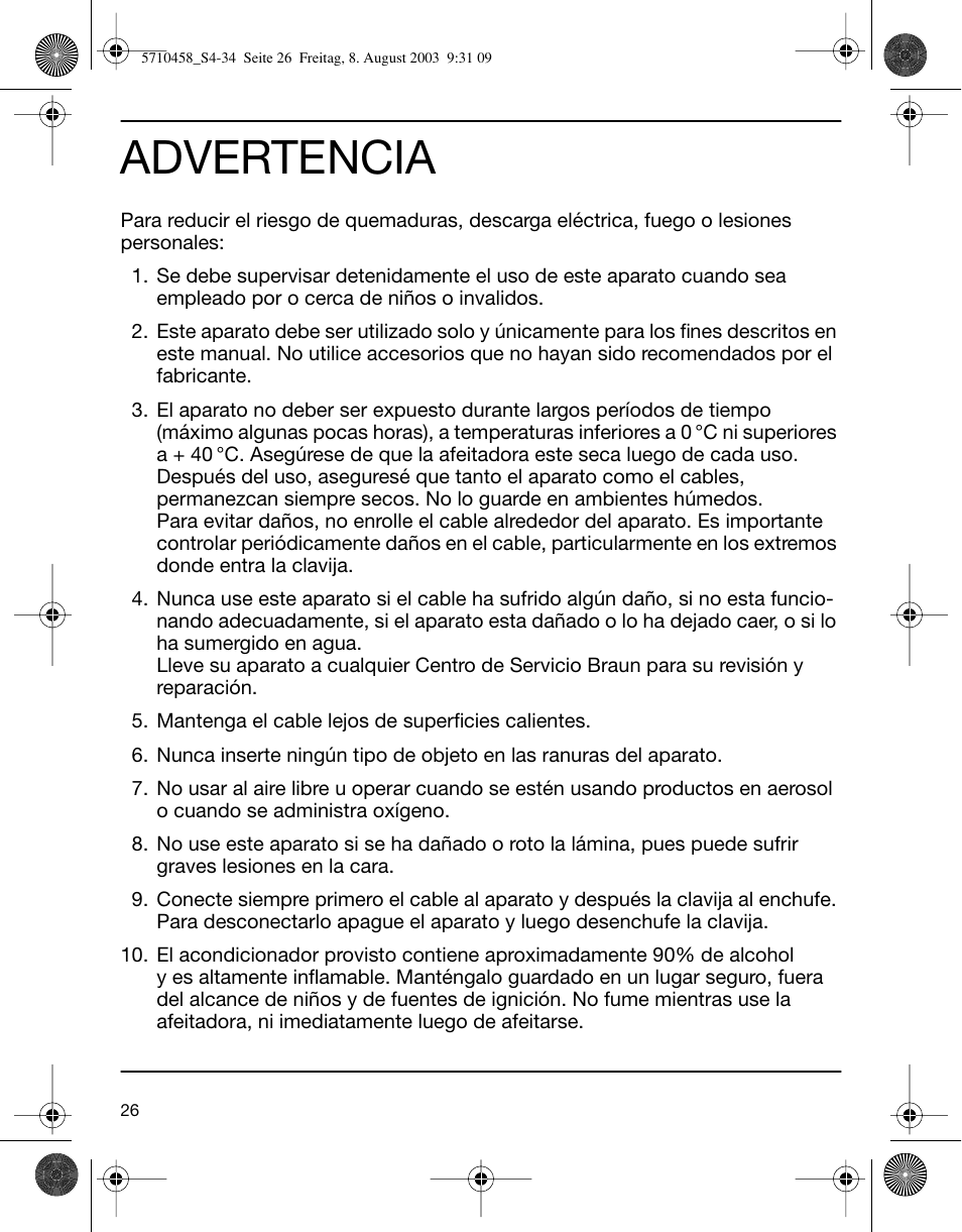 Advertencia | Braun 6690 FreeGlider User Manual | Page 26 / 34