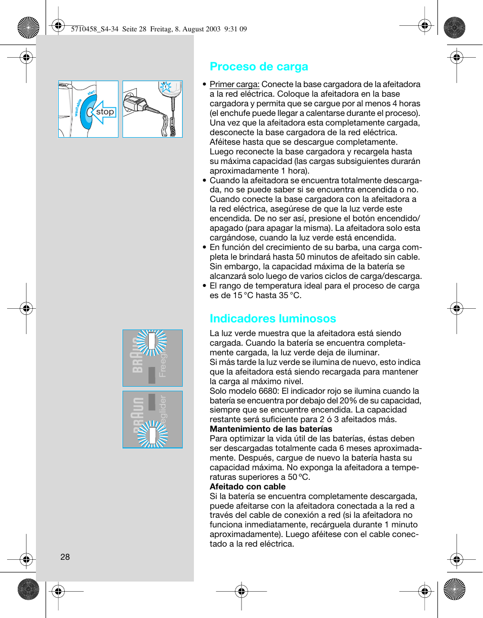 Proceso de carga, Indicadores luminosos | Braun 6690 FreeGlider User Manual | Page 28 / 34