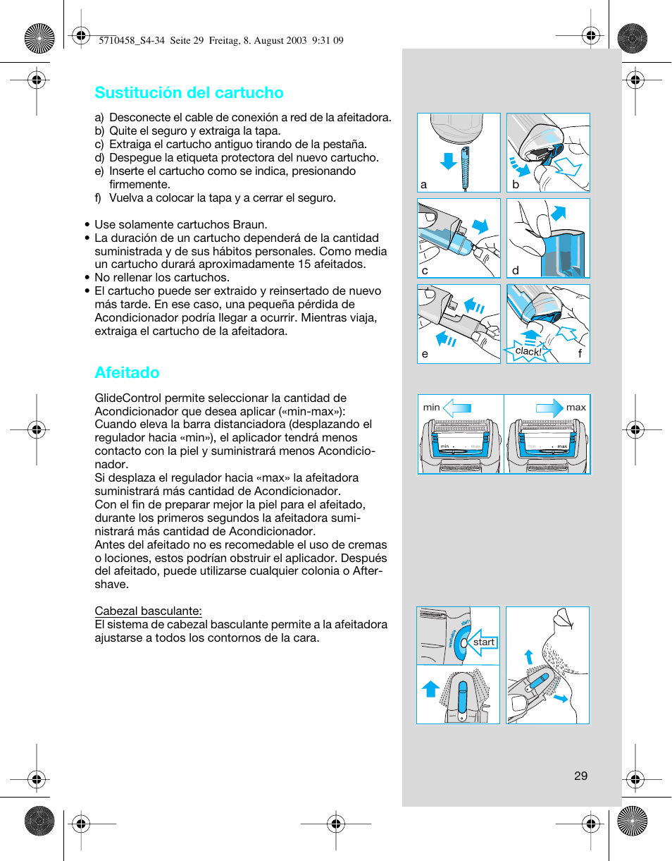 Sustitución del cartucho, Afeitado | Braun 6690 FreeGlider User Manual | Page 29 / 34