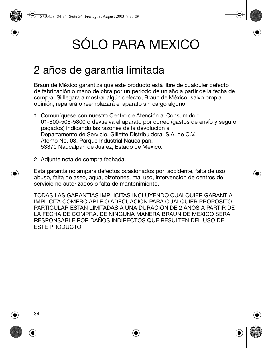 Sólo para mexico, 2 años de garantía limitada | Braun 6690 FreeGlider User Manual | Page 34 / 34